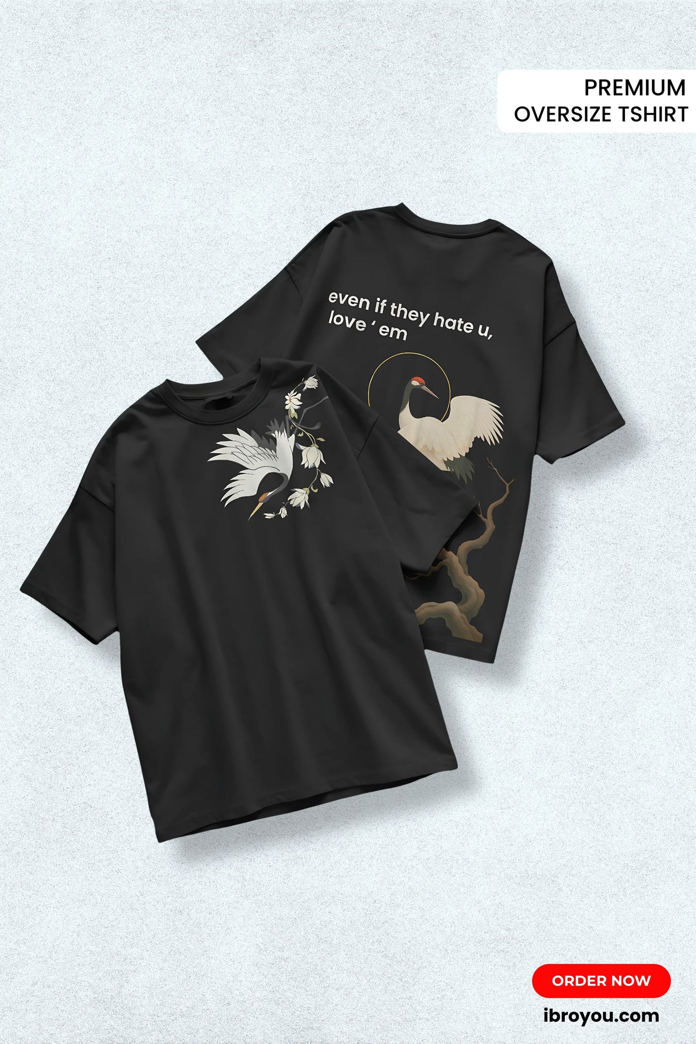 Crane & Blossom” Oversized T-Shirt – 240 GSM Premium Cotton (Black)